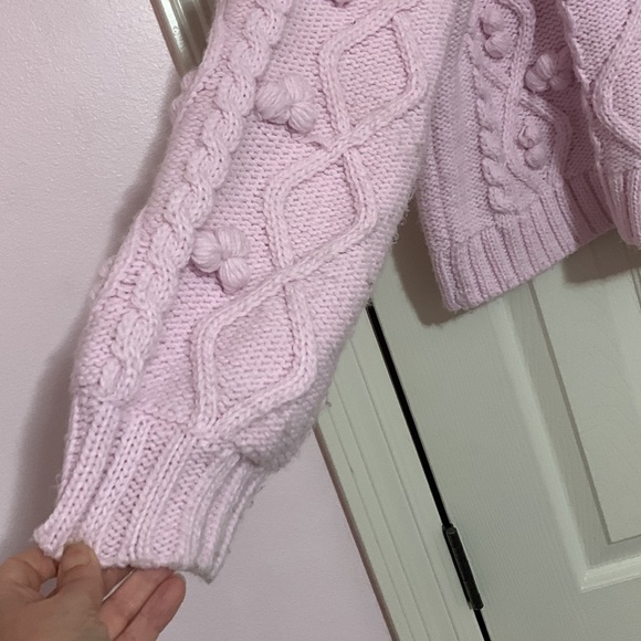 Zara Chunky Cable  Knit Pink Pom Pom Slouchy Sweater Balloon  Sleeves  Med Boho - Picture 5 of 10